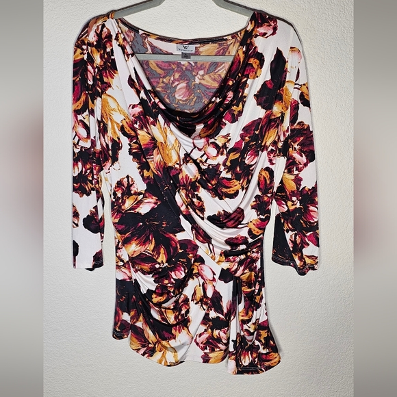 Worthington Ruched Floral Stretch 3/4 sleeve top w/ Cowl Neckline Blouse - Picture 1 of 5